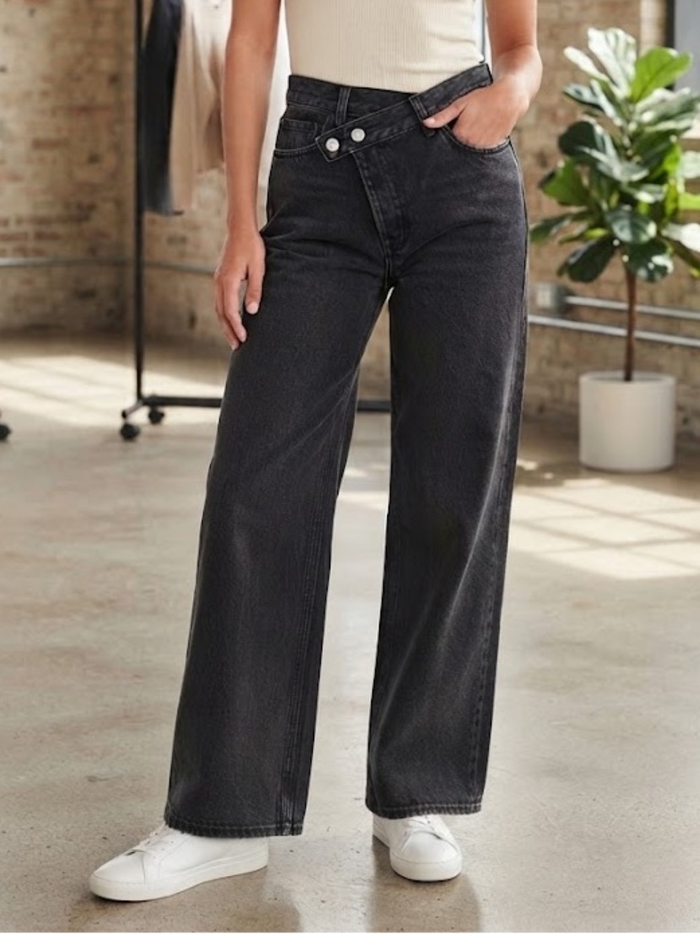 Moussy Cross High Waist Wide Straight Leg Jeans -